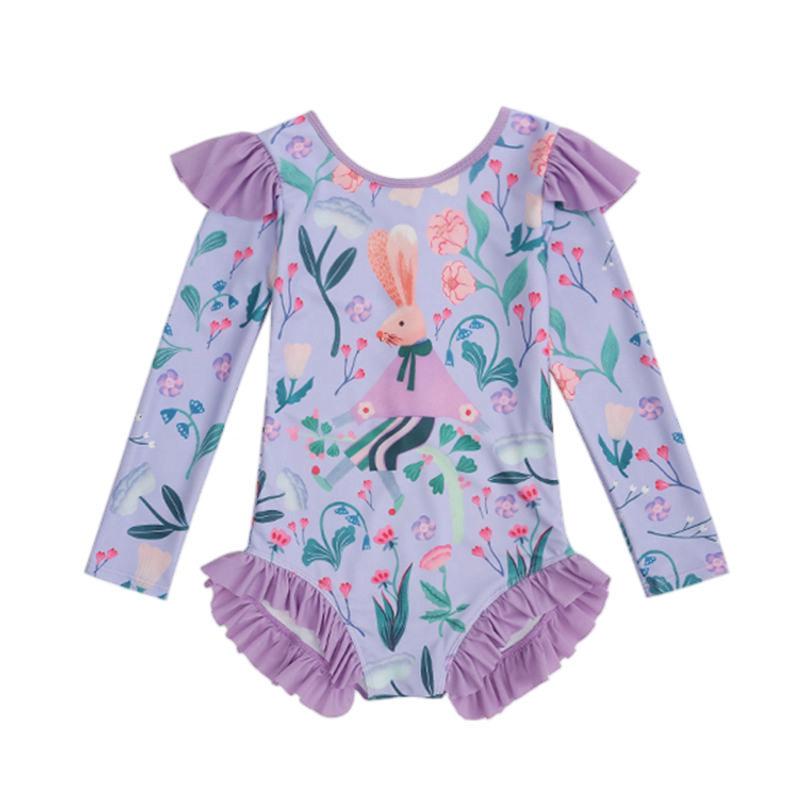 Girls Long Sleeve One Piece Swimsuit Summer Cartoon Floral Print Kids Sun Protection Swimwear 120
