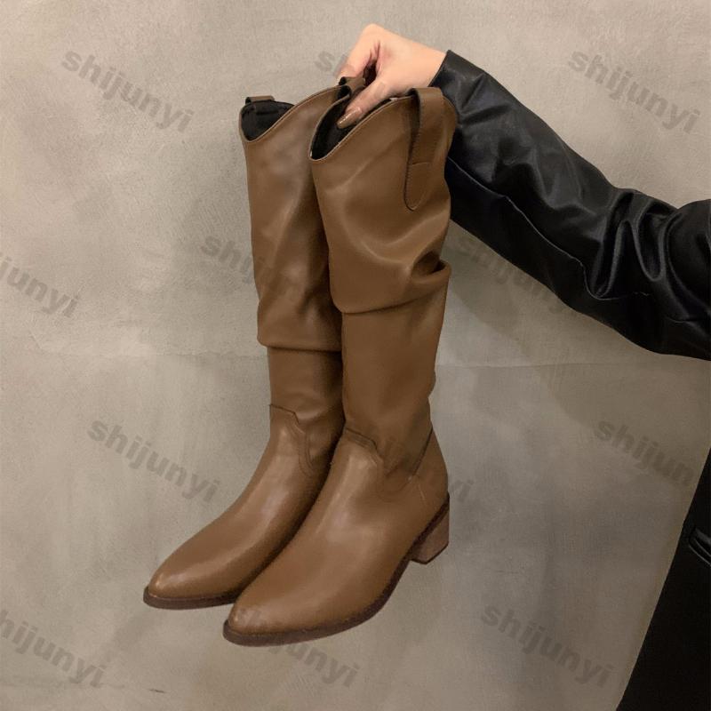 Fashion Vintage Chunky Heel Western Cowboy Boots for Women Winter New Faux Suede Ankle Boots Woman Pointy Chunky Heels Short Botas Mujer