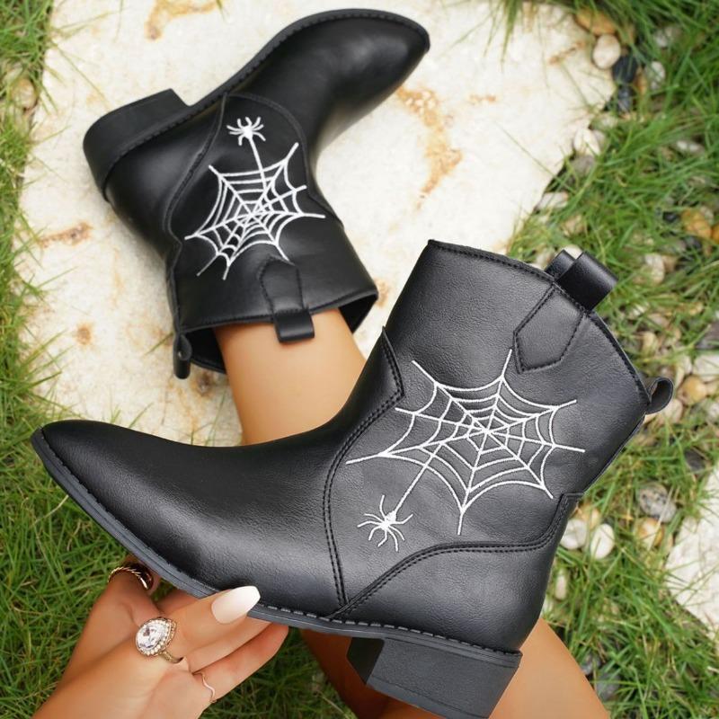 Damenstiefel für Herbst und Winter Spitz Zehen Quadratische Absätze Mid-calf Stickerei Retro Britischer Stil Stiefeletten