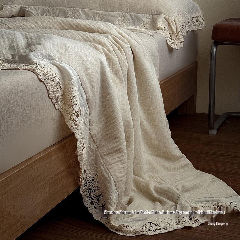 French Retro Cotton Linen Summer Quilt Set with Lace Trim - 4 Piece Girls' Elegant Cool Quilt Set