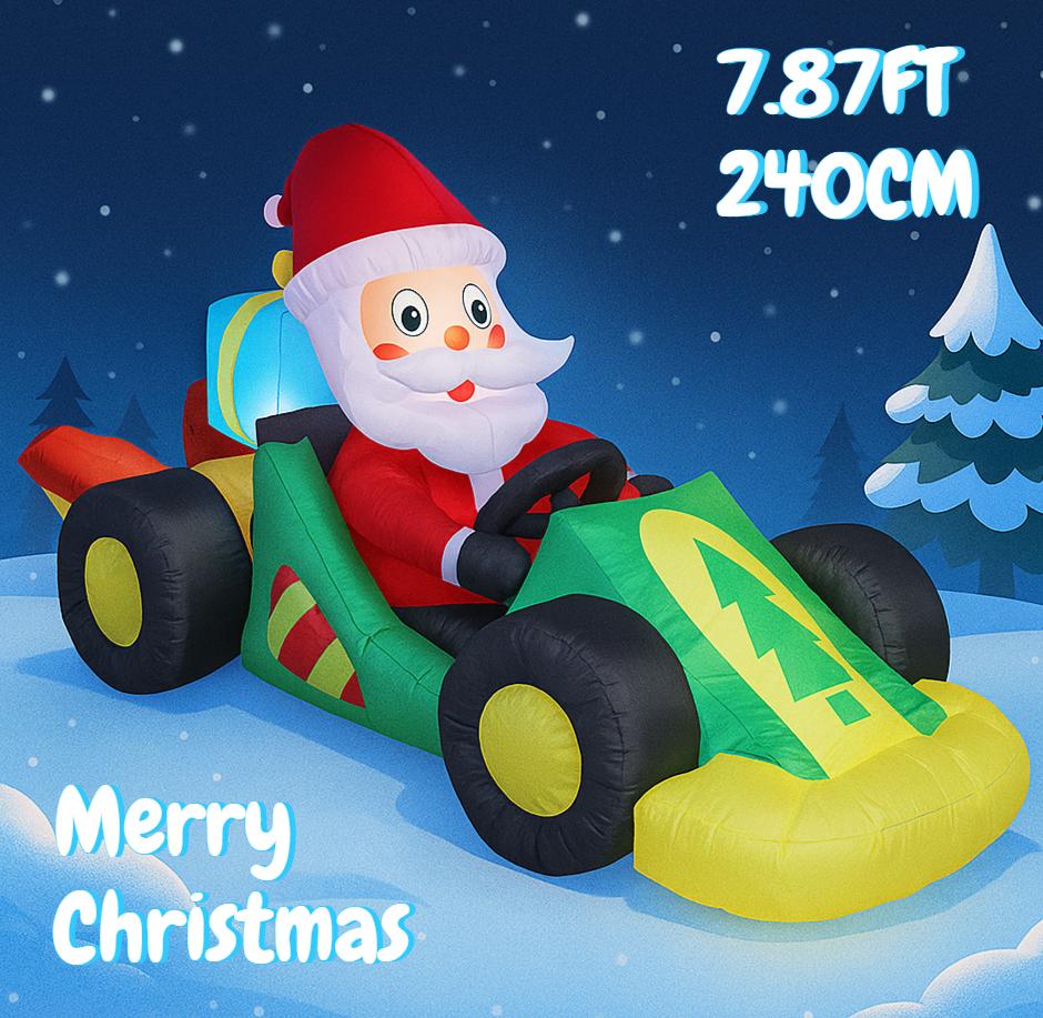7.87FT Inflatable Toy Santa Race Car Festive Holiday Gift Xmas Christmas Decorations for Yard Christmas Supplies Home Ornaments