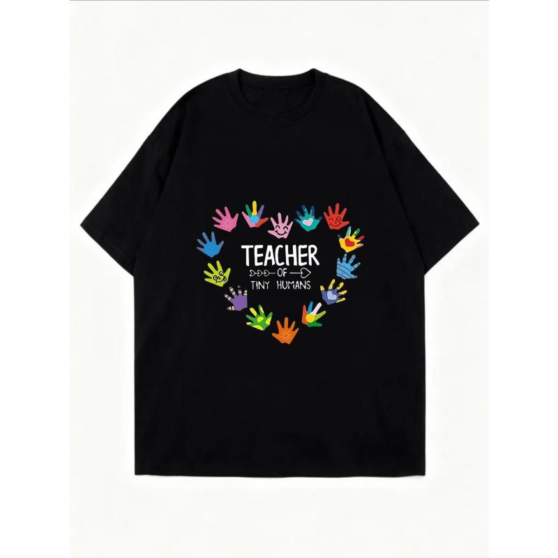 White Oversized T Shirt With Colorful Handprints And Teacher Of Tiny Humans Text For Casual Wear And Gift For Teachers
