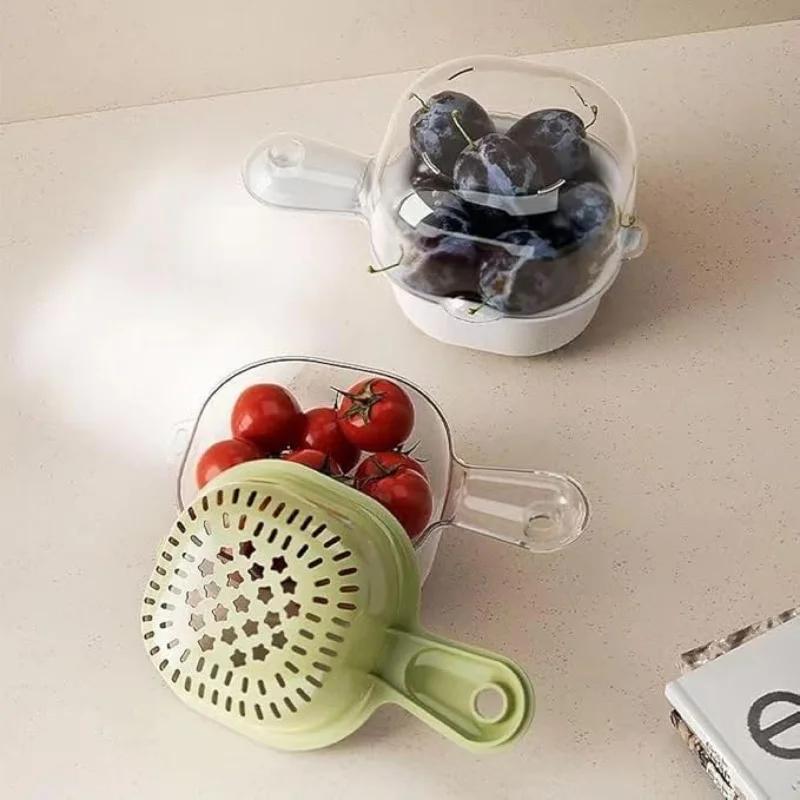 Drain Storage Basket with Handle Double Row Water Basket, Multi-purpose Fruit and Vegetable Filter, Detachable