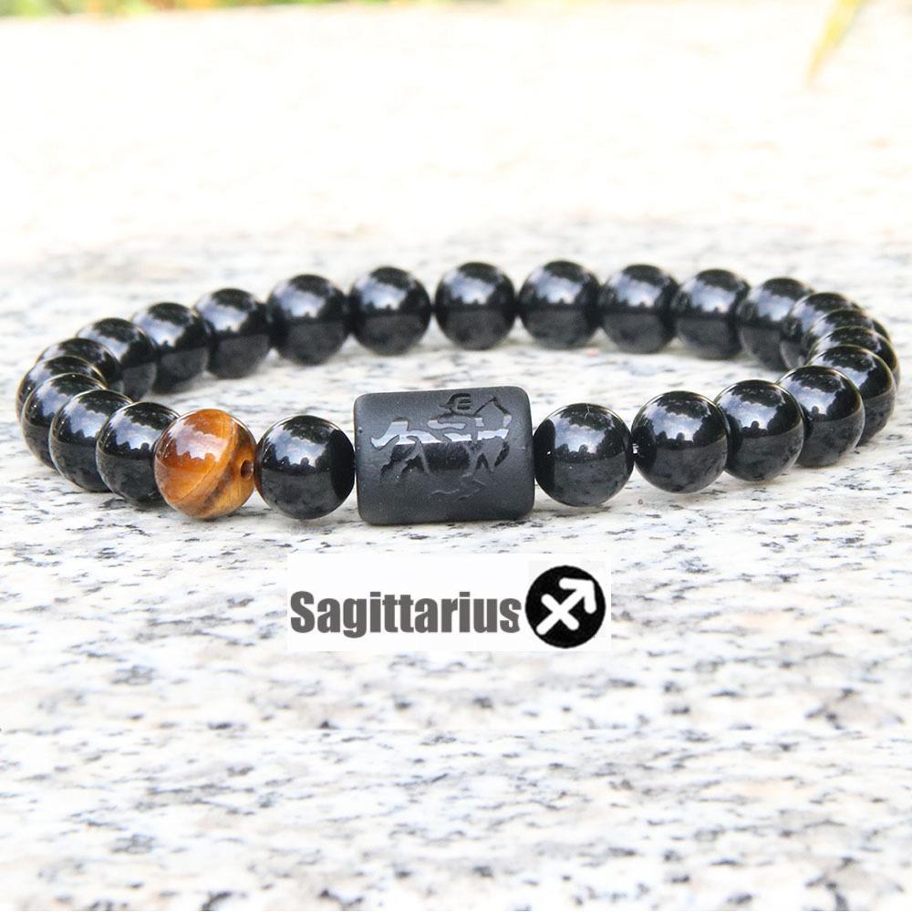 New Twelve Constellation Stretch Bracelet Male Simple Obsidian Engraved Couple Beaded Fashion Commuter Bangle Natural Stone