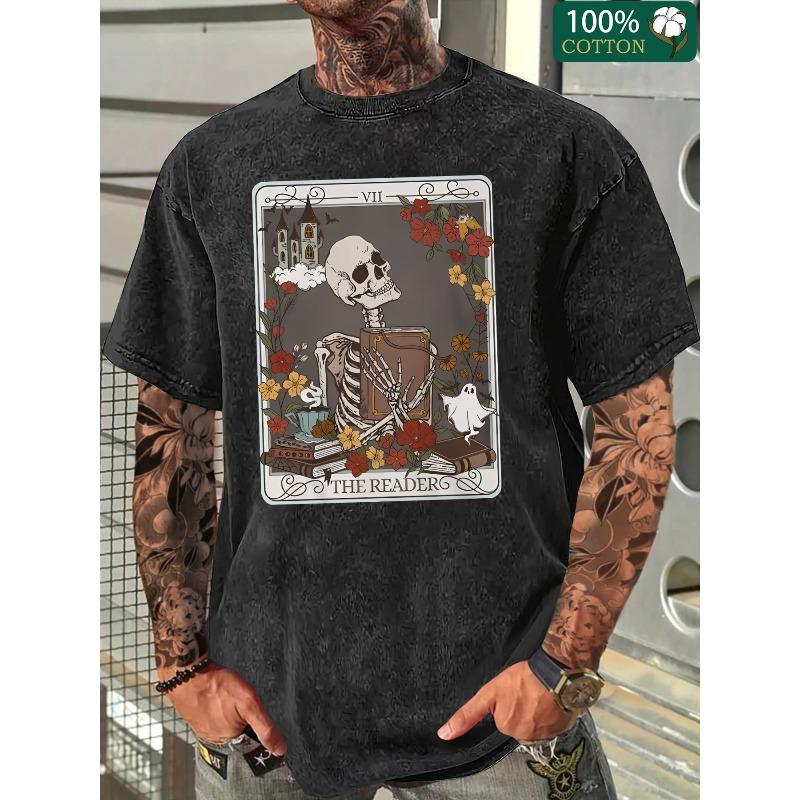 

Men s Washed Distressed Batik Cotton T-Shirt with Edgy Skull Reader Graphic Print - Thickened Crew Neck Short Sleeve Tee, Casual Gothic Top 5XL чорний