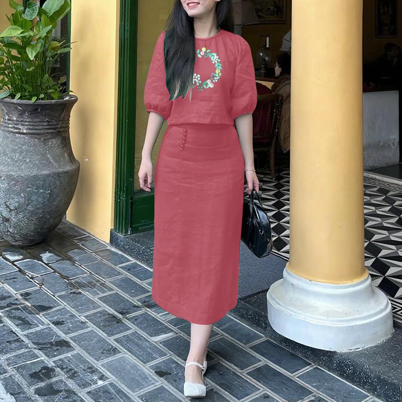 

ZANZEA Женская блузка с принтом с рукавом три четверти и длинная юбка, повседневный костюм-двойка 5XL розовый