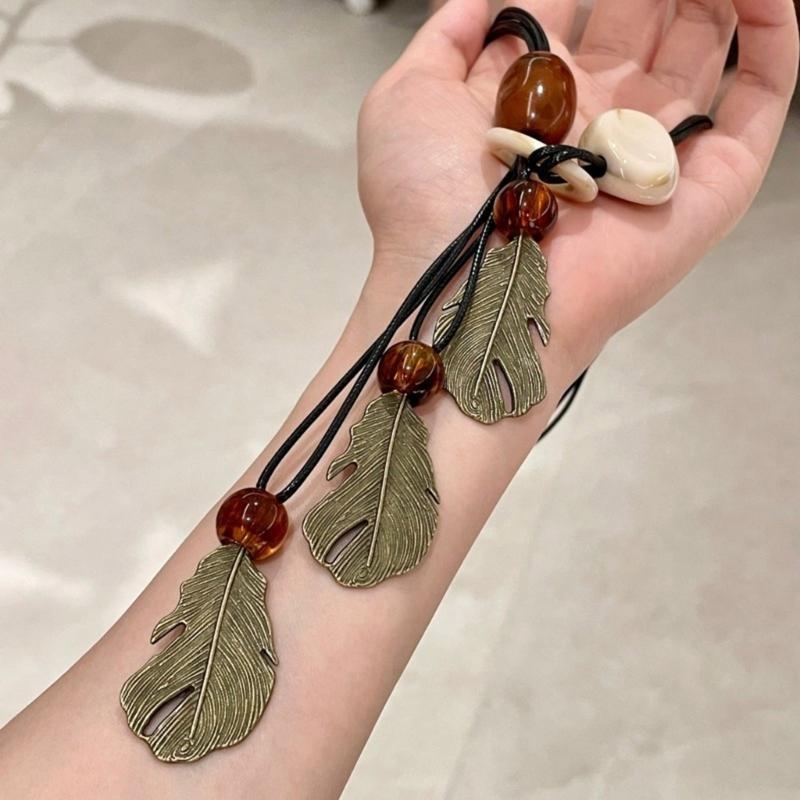 Long Bohemian Ceramic Bead Strand Necklace Ethnic Leaf Pendant Fringe Jewelry for Women Summer Statement Accessory
