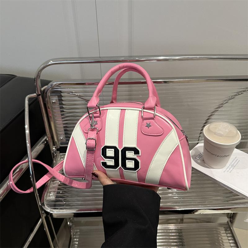 New Japanese Style Faux Leather Boston Bag for Women, Trendy Handheld Shoulder Crossbody Purse, Racing Style Bowling Handbag CLE