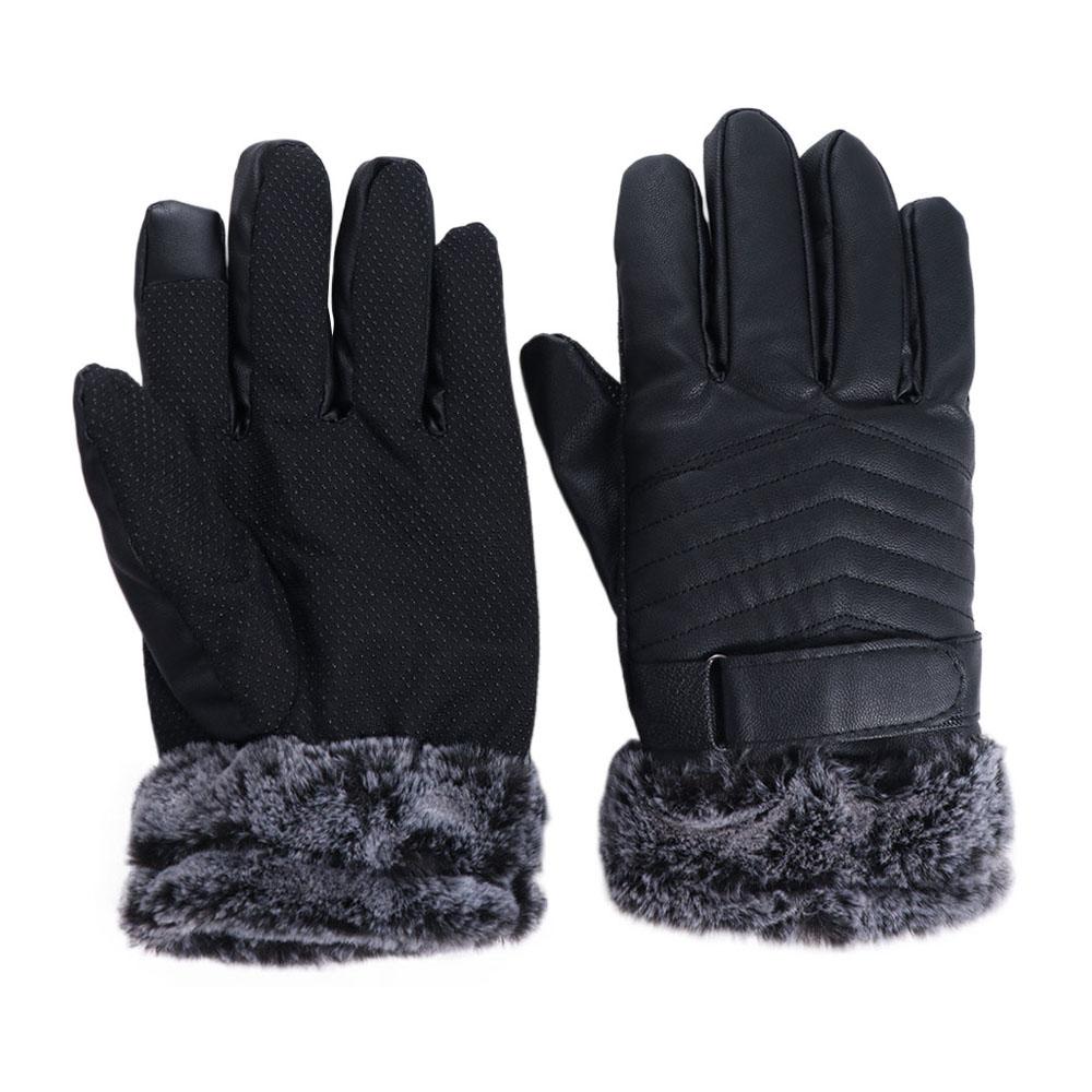 Keep Warm Men's PU Leather Gloves Touch Screen Thick Velvet Male Windproof Gloves Waterproof Soft Motorcycle Full Finger Mittens