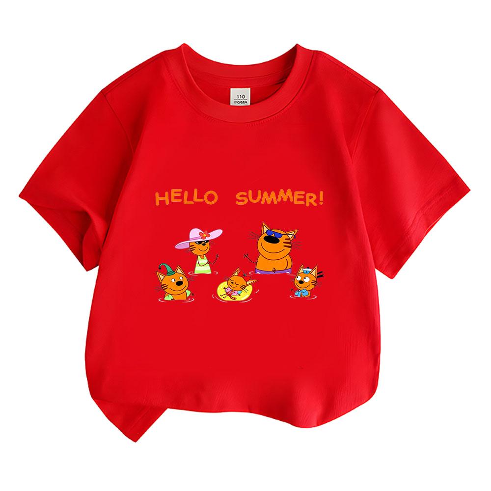 

100% Cotton Kid-e-cats Children s T-Shirt Cartoon Print Kids Tees Cute Casual Tops Soft O-Neck Toddler Short Sleeve Summer Wear 100 красный