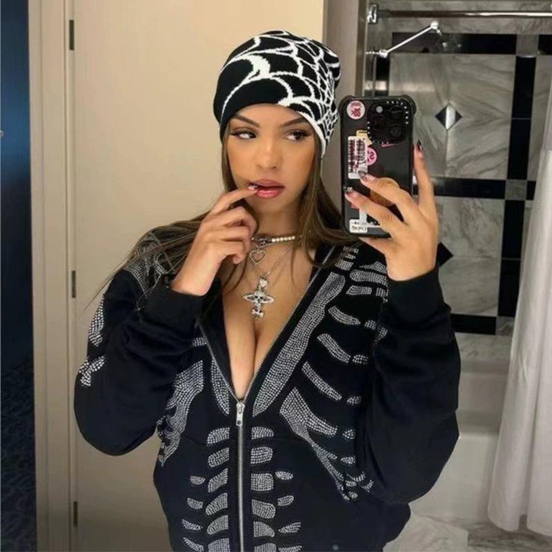 New European and American popular alphabet flame spider skull knitted hat men and women autumn and winter personality hip hop warm