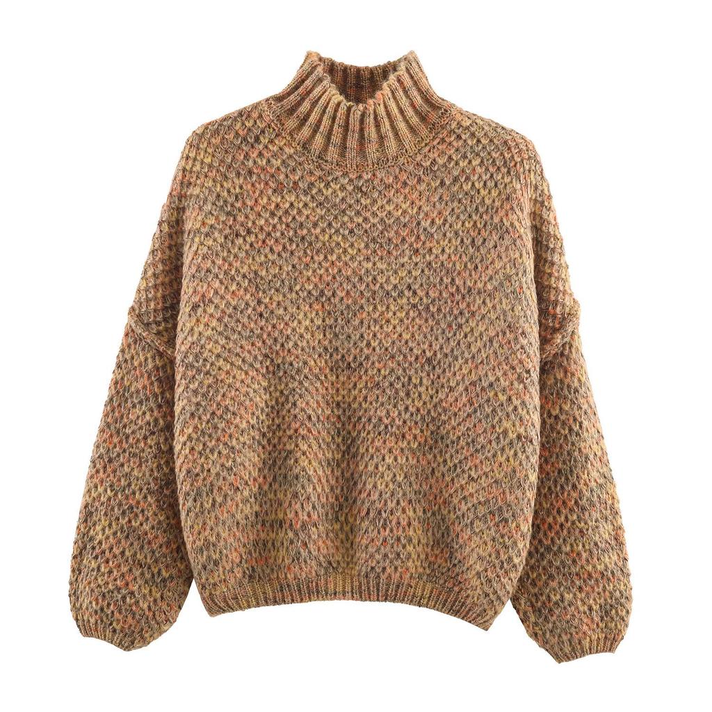 Autumn Winter Floral Yarn Chunky Knit High Neck Sweater - Women's Loose Fit