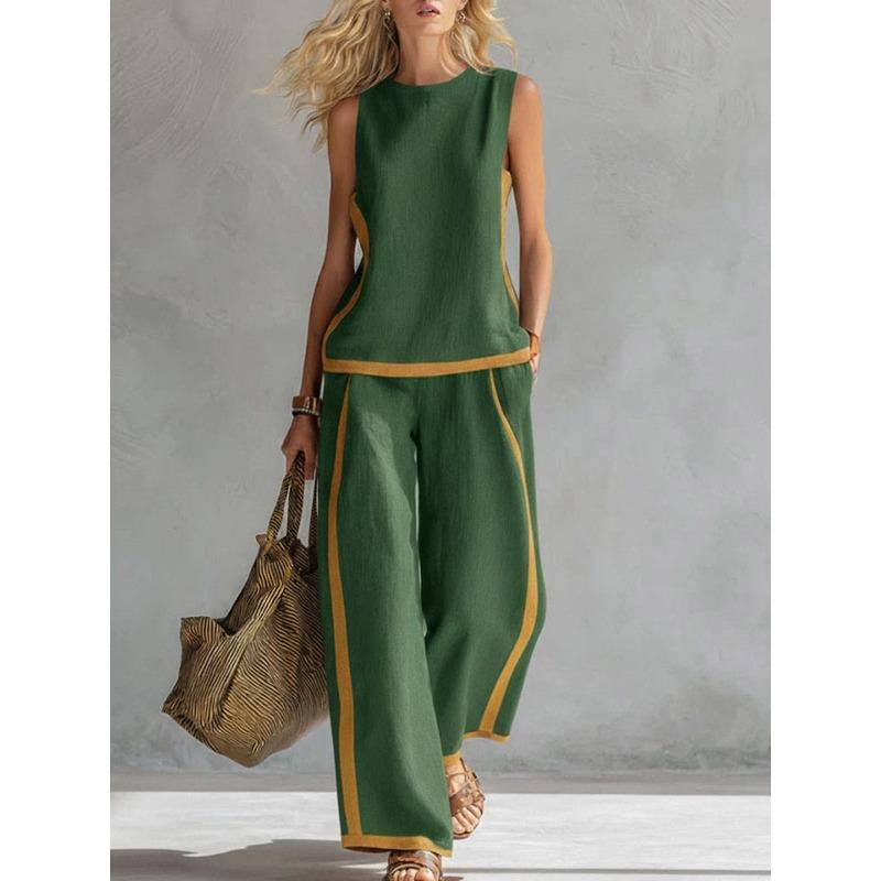 Women's Round Neck Sleeveless Loose Fit Color Block Two Piece Set Contrast Patchwork Wide Leg Pants Outfit For Spring Summer Casual Daily Commute