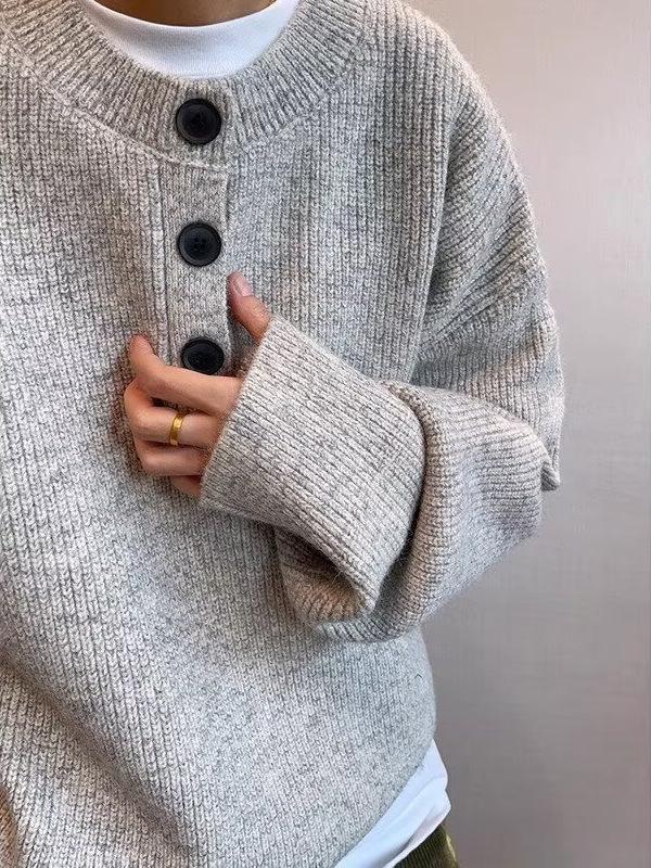 Men's Winter 2025 Henley Collar Slub Yarn Knit Pullover Sweater - Loose Fit with Soft Arctic Fleece