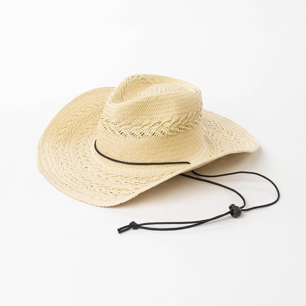 USPOP Women Handwoven Paper Straw Cowboy Hat Wide Brim Openwork Wheat Pattern Sun Hat with Chin Strap Beach Summer Hat M 57cm бежевый