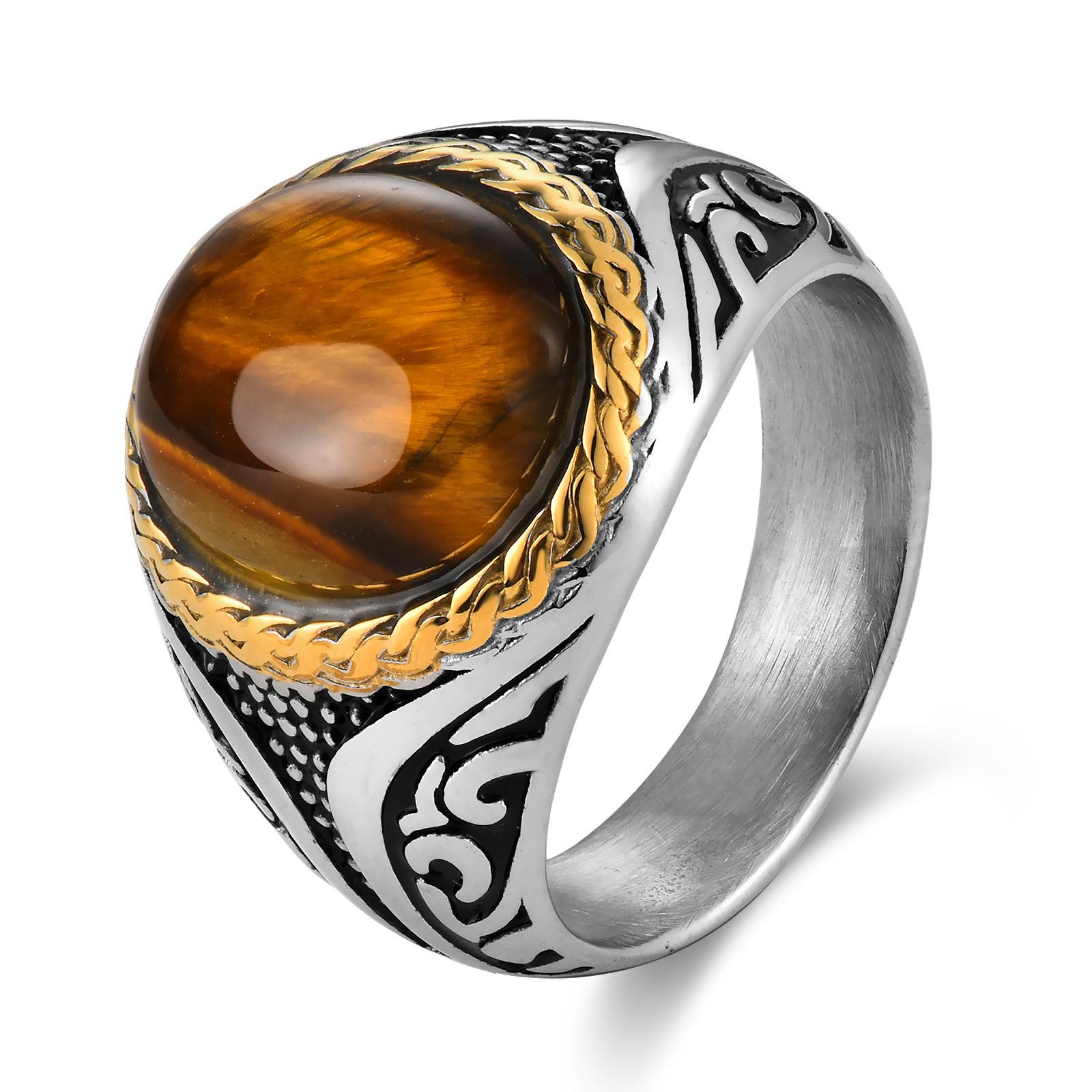 European and American New High-end Personalized Striped Gemstone-set Stainless Steel Ring for Men, Trendy Men s Retro Titanium Steel Ring 8