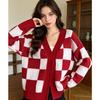 Europe, America Autumn and Winter Fashion Sweater Women's Clothing, Casual Knitted Plaid Contrasting Cardigan Jacket Top