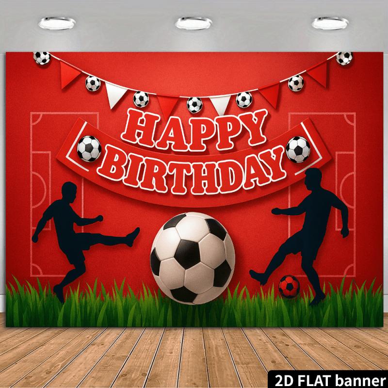 2D, birthday party background fabric with football theme, football players kicking the ball, center featuring classic football.