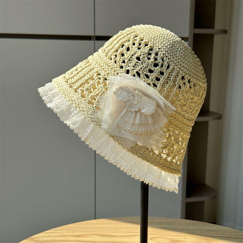 Chapeau Bob en Dentelle Française pour Femmes Printemps Été Nouveau Creux Pare-Soleil Crème Solaire Bord de Mer Chapeau de Pêcheur
