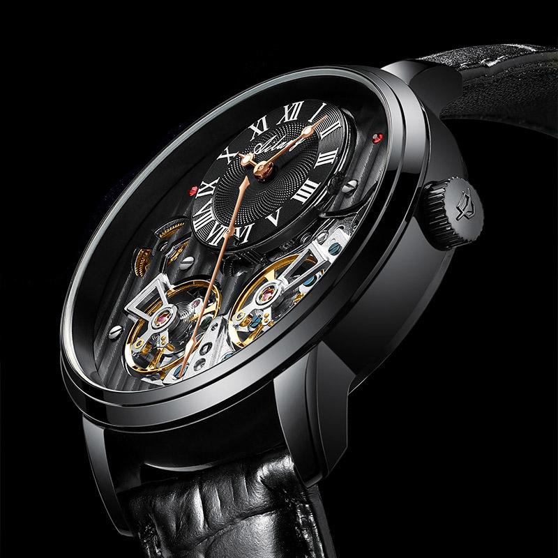 AILANG Orologi da Uomo Nero Doppio Tourbillon Cinturino in Pelle Orologi Meccanici Automatici Tourbillon Volante Impermeabile