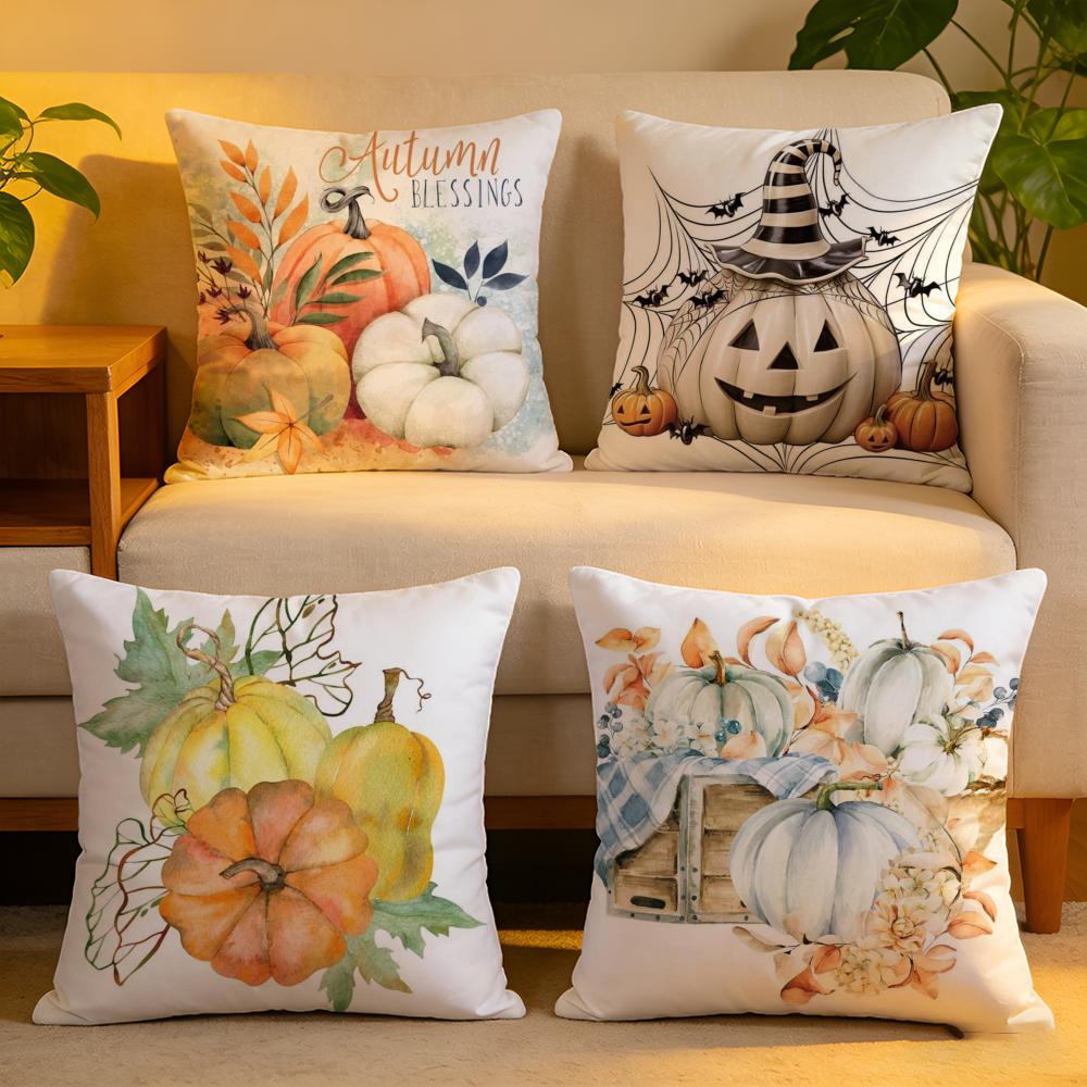 Cushion Cover Linen SkinFriendly Soft Decorative Case For Sofa Home Decor Colorful Watercolor Pumpkin Pillow Cover