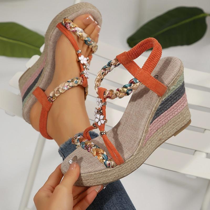 Fashion 2025 New Metal Decor Wedge Sandals for Women Summer Braided Band Platform Gladiator Sandals Woman Thick Bottom Beach Sandals