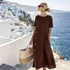 Women's Casual Loose Round Neck Short Sleeve Button Decor Ruched Pocket Midi A Line Linen Dress