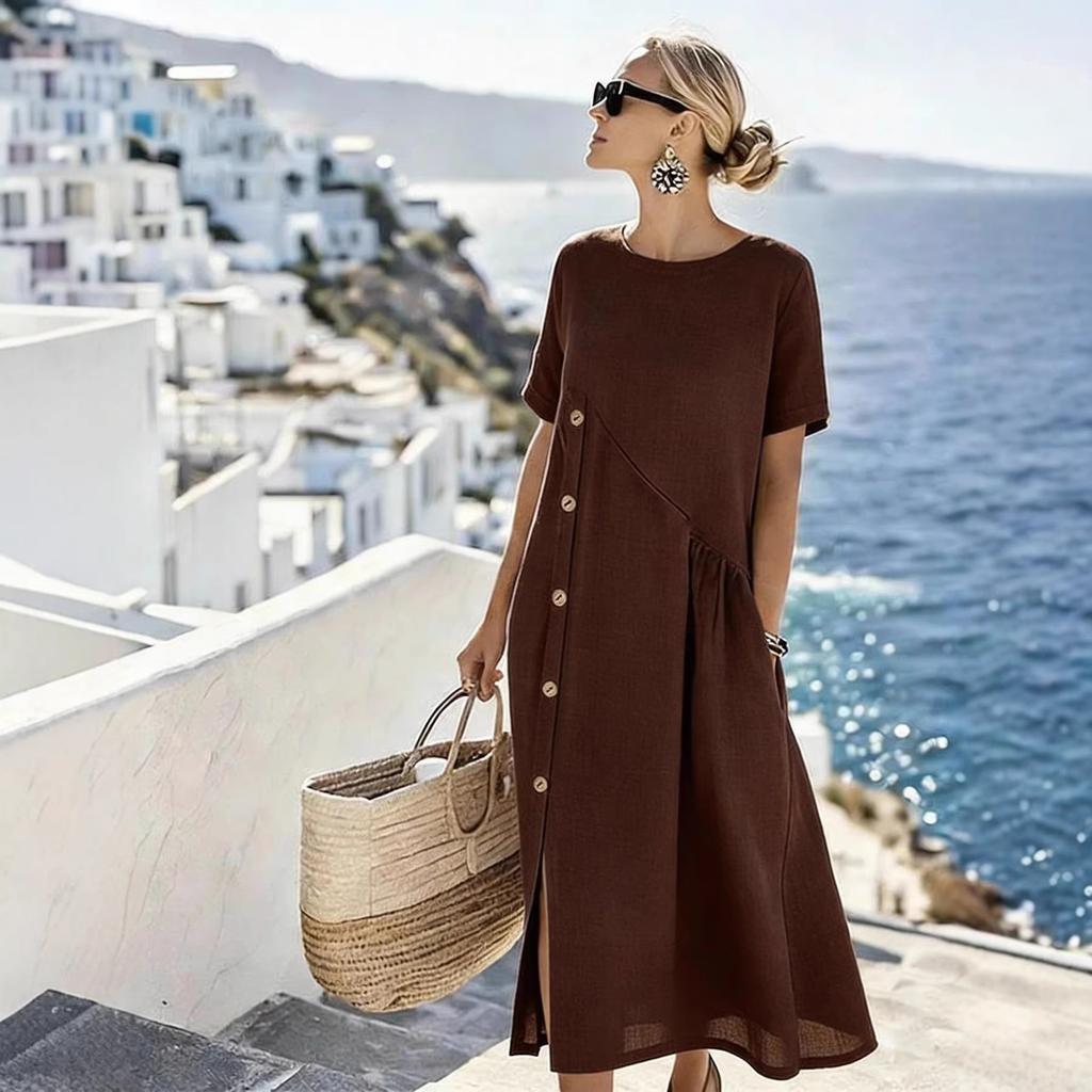 Women's Casual Loose Round Neck Short Sleeve Button Decor Ruched Pocket Midi A Line Linen Dress