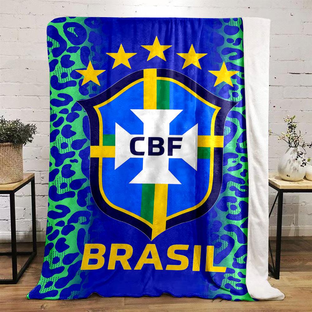 Blue and green leopard print background with a Brazil CBF emblem. for all seasons blanket lunch break throw gift