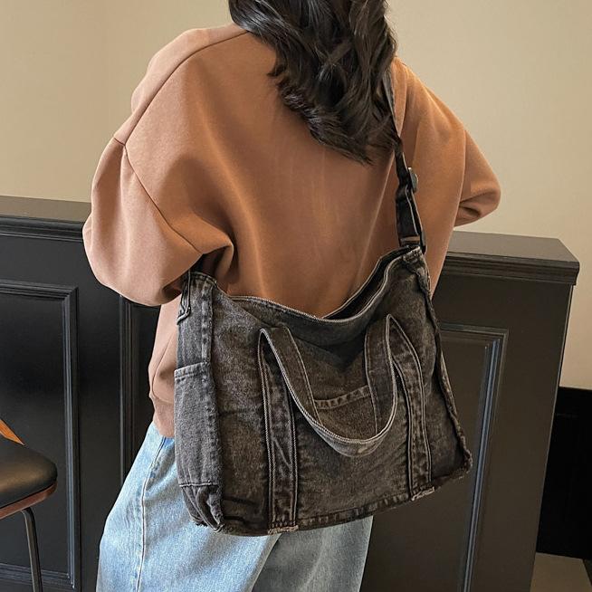 Denim-Tasche mit großem Fassungsvermögen, literarisch, Retro, Mode, Student, Unterricht, Schulter-, Umhängetasche, Tragetasche