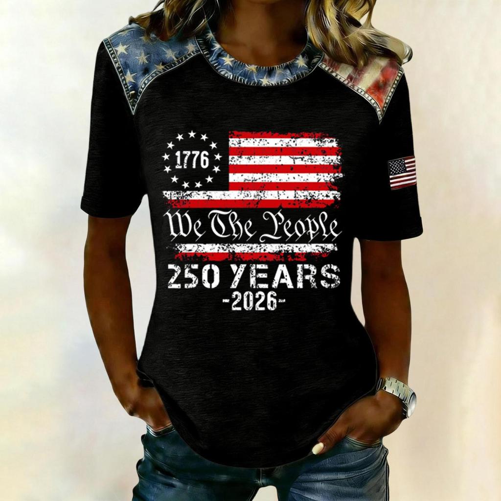 Women Casual Short Sleeve T Shirt Crew Neck Patriotic Letter Print Top Slim Fit Lightweight Tee for Everyday Wear