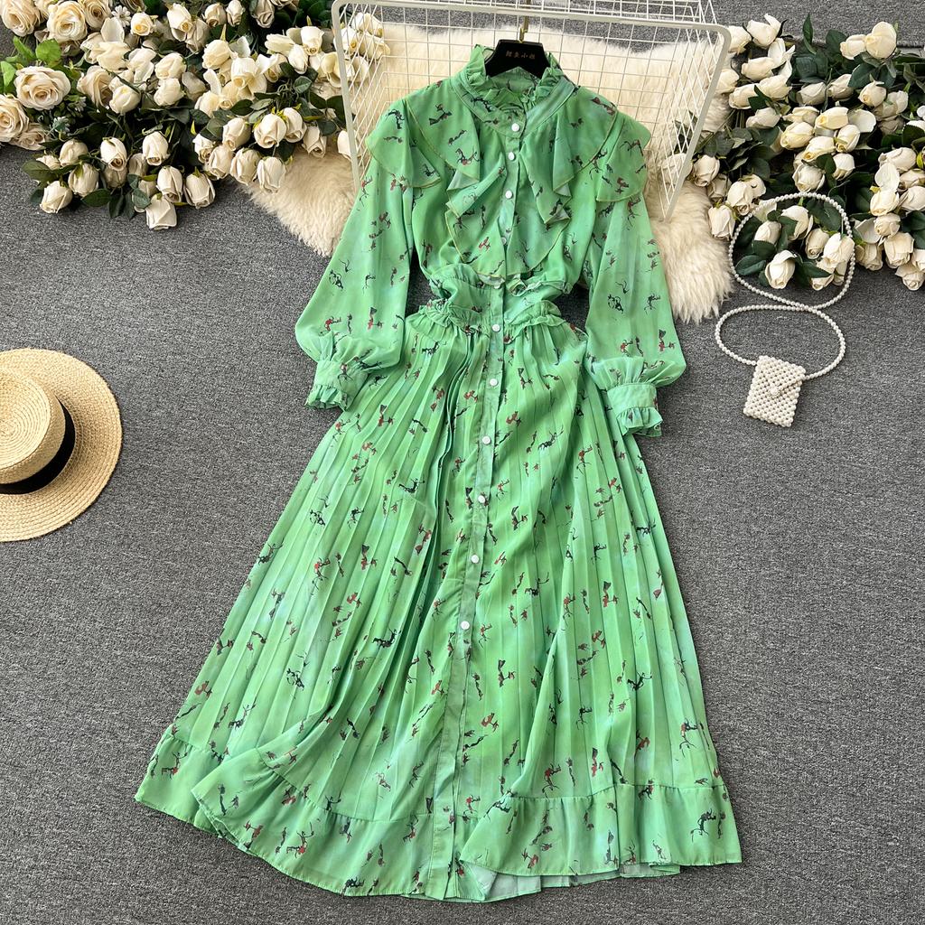 Autumn Women Vintage Printed Pleated Long Dress Female Red/Green/Blue/Yellow Draped Ruffle Single Breasted Maxi Robe Vacation Dresses