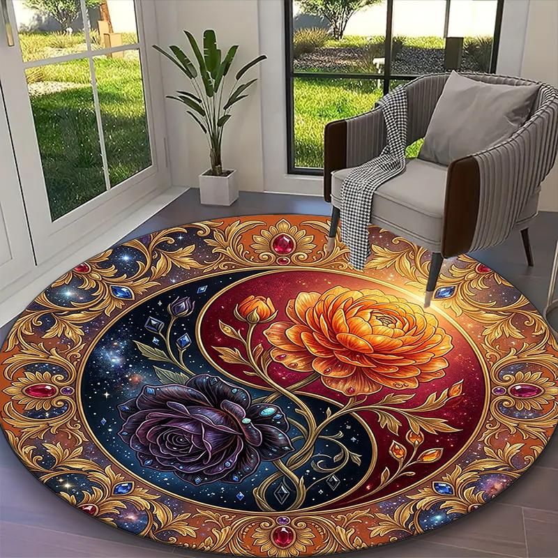 [Golden Rose Yin Yang Printed Carpet] Durable Home and Office Round Rug, Kitchen Farmhouse Decorative Floor Mat