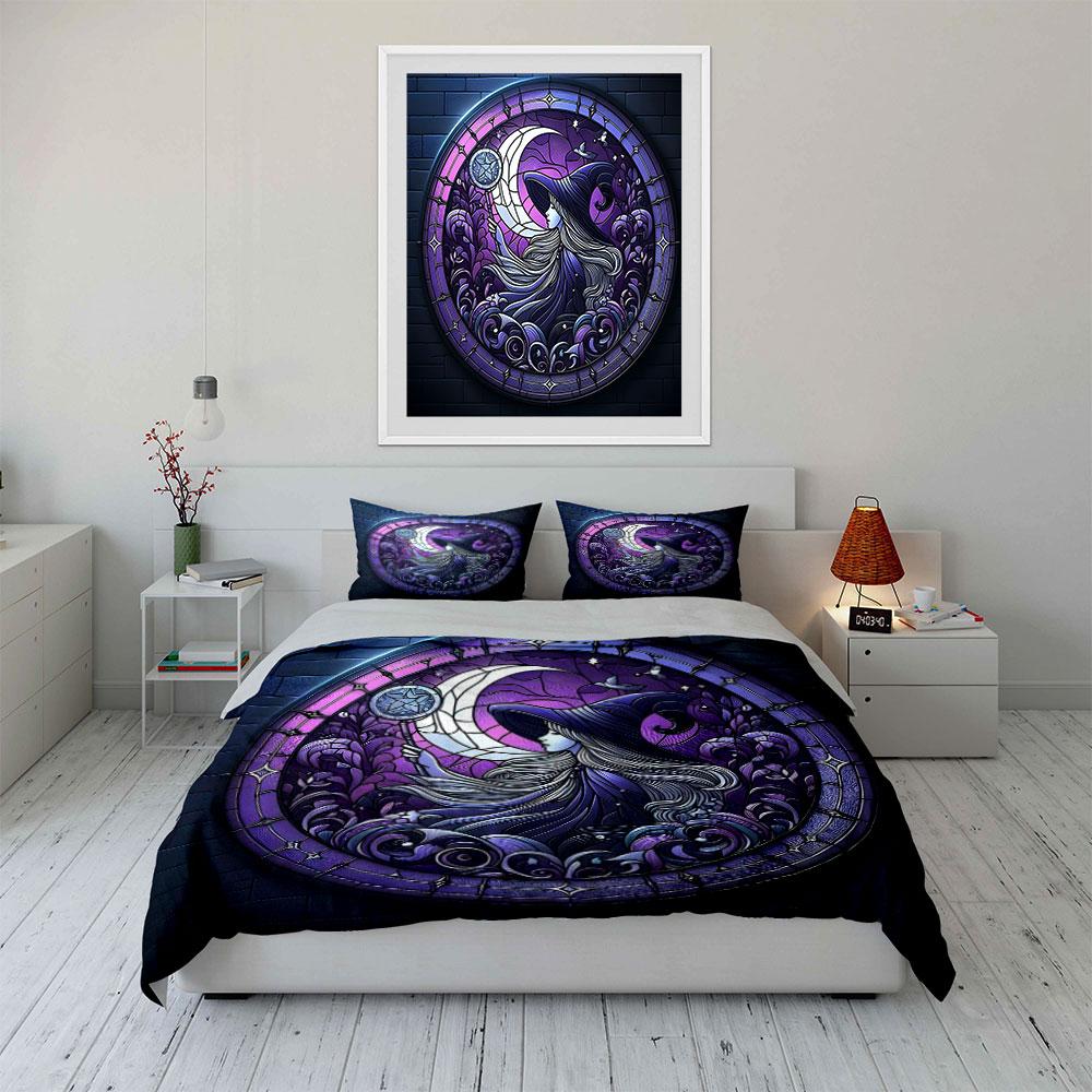 Gothic Purple Moon Witch Stained Glass Print 3Pc Bedding Set Soft Microfiber Bedding Set For Dark Aesthetic & Witchy Room Decor
