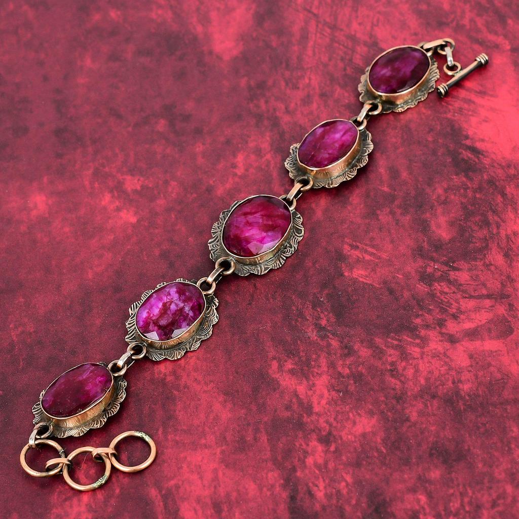 Faceted Kashmir Ruby Bracelet Copper Bracelet Genuine Gemstone Jewelry Adjustable Chain Bracelet Wonderful Copper Jewelry Handmade Bracelets