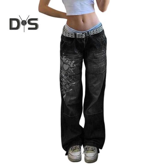 Women Jeans Mid Waist Irregular Individual Printing Retro Style Straight Wide Leg Patchwork Full Length Trousers for Vacation Travel Work School