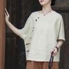 Johnature Women Vintage Shirts Summer Chinese Style Solid Color O-Neck Short Sleeve Button Female Tops