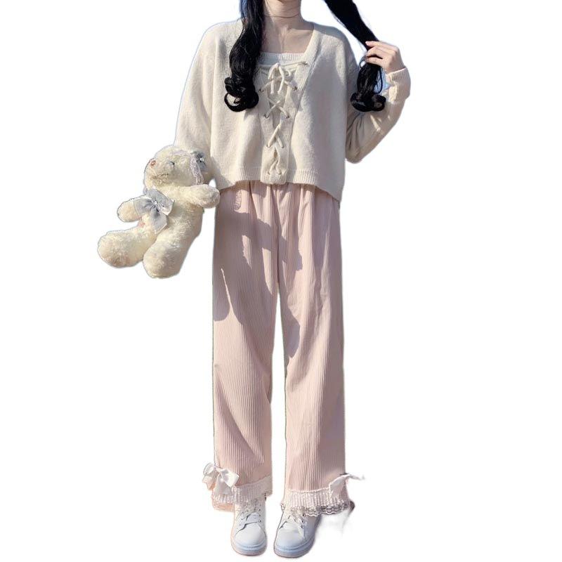 Kobiety Kawaii wysokiej talii sztruksowe spodnie urocza kokardka koronkowe spodnie szerokie nogawki dziewczęce ubrania w stylu Vintage luźne słodkie spodnie