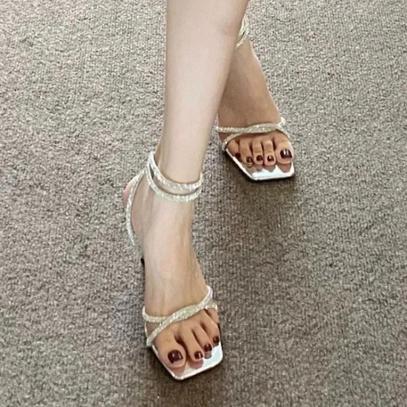 Fashion Women Sandals Casual Anti-slip 2025 Buckle Ankle-wrap Party Sandals Women Crystal Narrow Strap Fashion Thin Heels Shoes Female