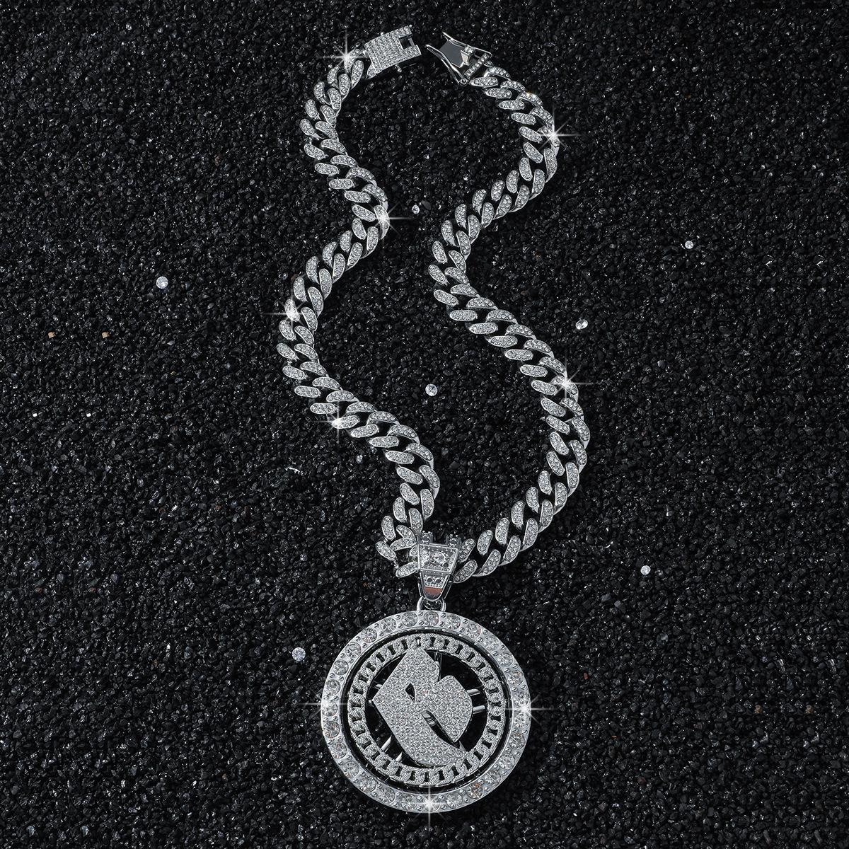Iced Out Spinnable B Pendant Necklace Gold Plated Rhinestone Cuban Link Chain Hip Hop Lucky Letter Rotatable Disc Street Jewelry Cuban chain&16inch(40cm) серебряный