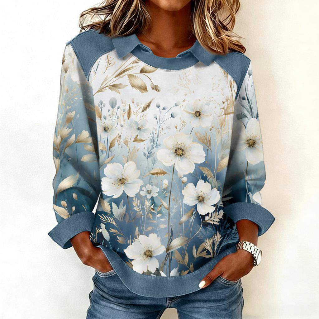 Women's Fashion Flared Long Sleeve Denim Patchwork Sweatshirt Print Casual Pullover Top
