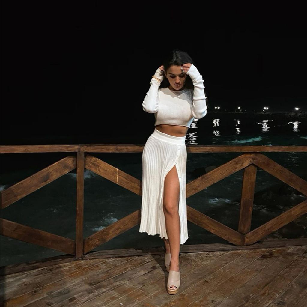 Set pulover casual cu despărțitură și fustă plisată pentru toamnă și iarnă pentru femei