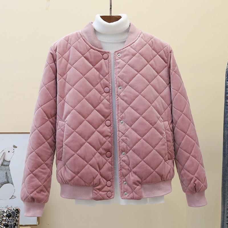 

Зимняя хлопковая куртка корейская женская короткая куртка Harajuku Diamond Grid Cotton Jacket Gold Velvet Thick Baseball Jacket Cotton Coat 3XL розовый