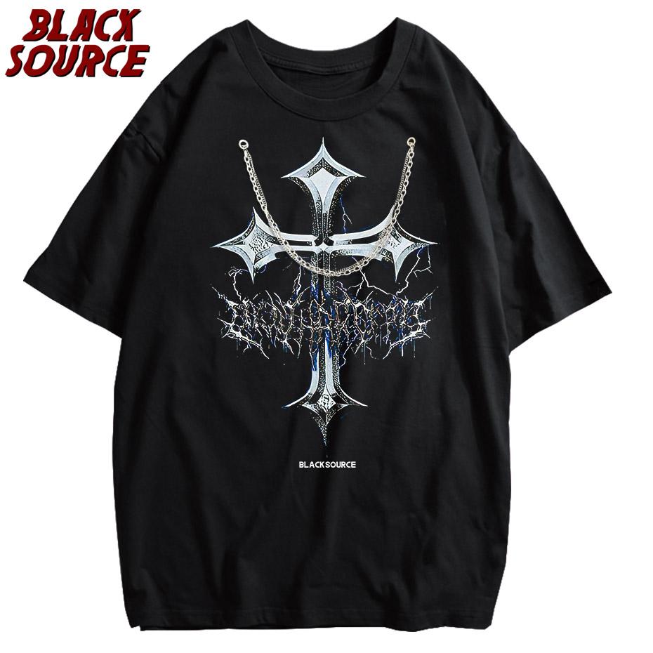 

black source Oversize Fashion Mens Graphic TShirt Acid Wash T Shirt Summer Vintage Unisex High Street Cross Pattern S