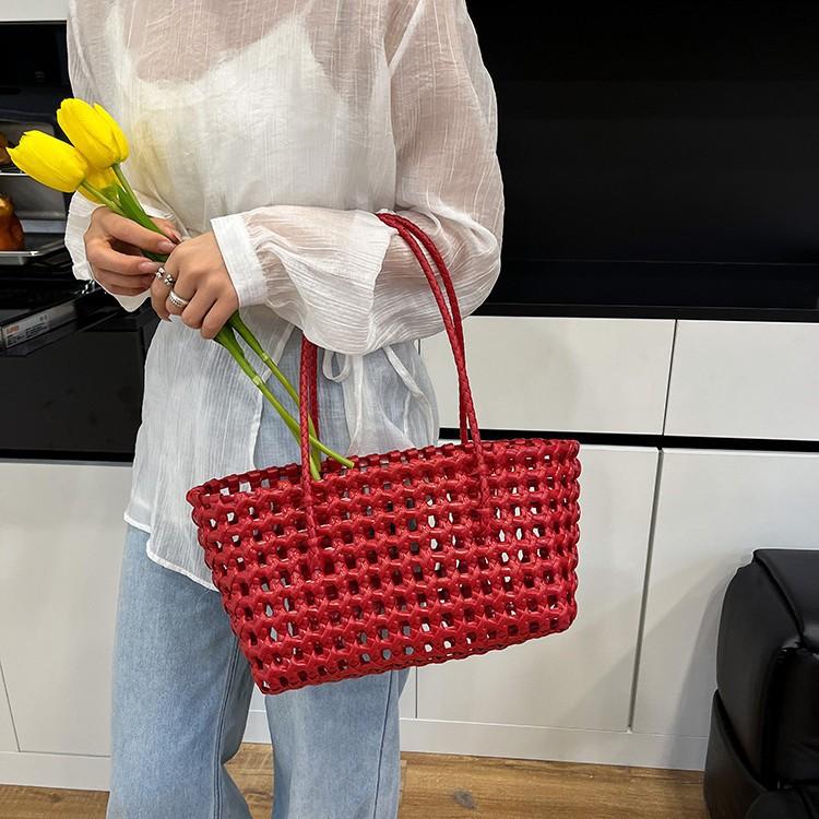 Spring Hollow Beach Bag Woven Bag Summer Niche Vegetable Basket Bag Seaside Vacation Portable Shoulder Bag