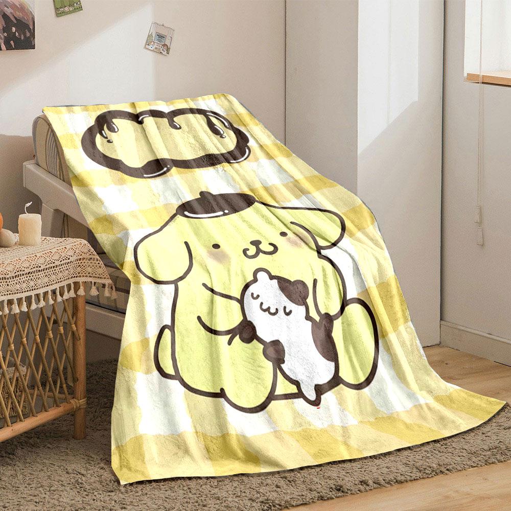 Yellow checkered background with a cartoon dog holding a smaller animal. for all seasons blanket lunch break throw gift
