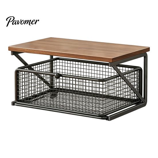 Dust Proof Storage Drawer Coffee Station Organizer with Drawer, Tiered Bar Organizer, Wooden Top Shelf, Pods Holder Wire Mesh Drawers for Tea
