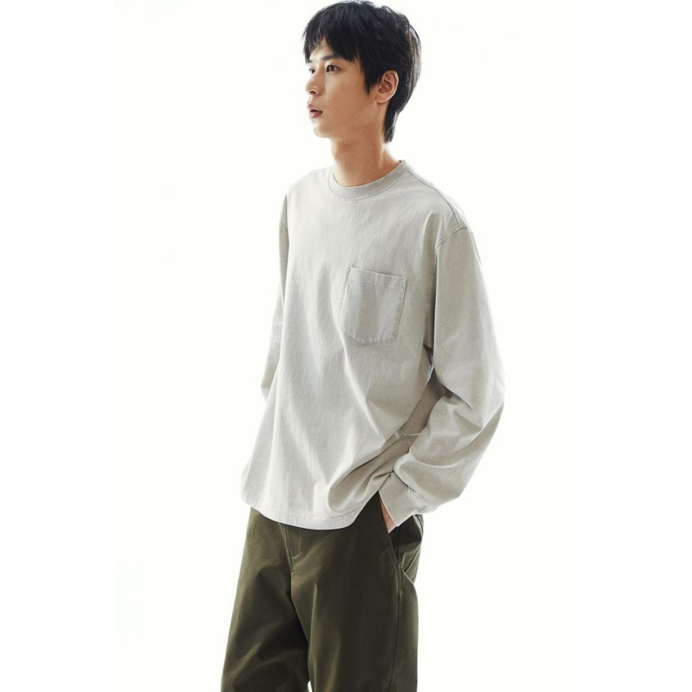 H M wasHed Look Jersey Top Loose Fit Dusty Green