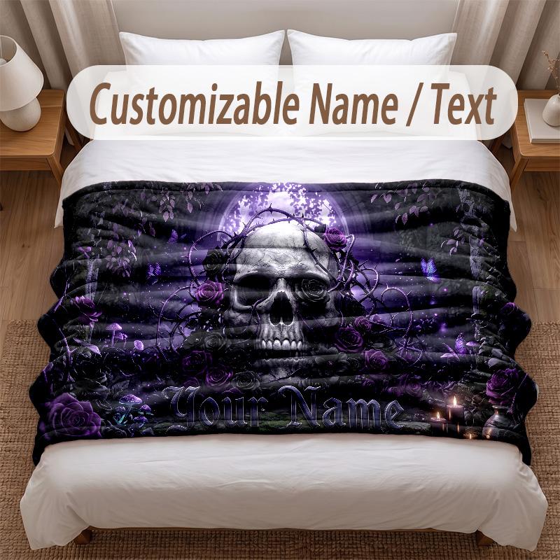 Skull Gothic Theme Soft Blanket Personalized Custom Name Text Print Warm Blanket Home Sofa Bedroom Decor