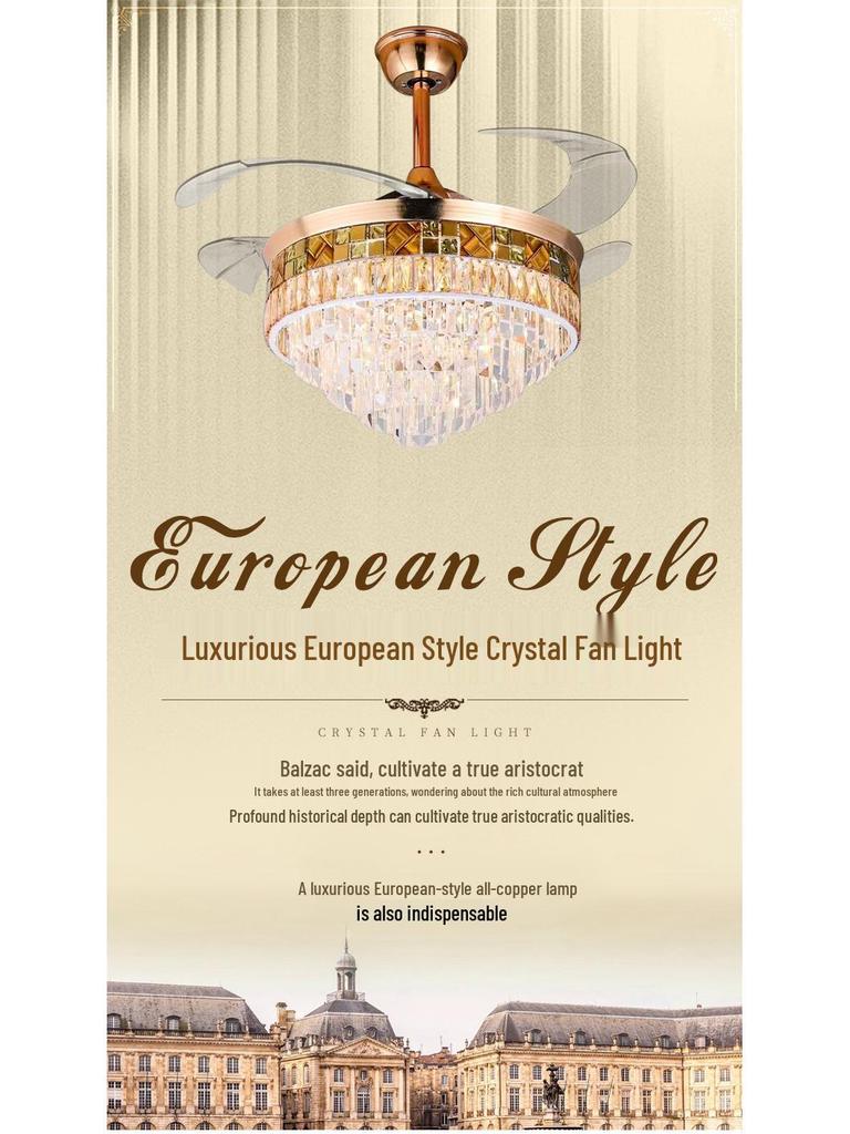European Light Luxury Crystal Ceiling Fan with Invisible Blades for Living Room, Bedroom, and Restaurant.